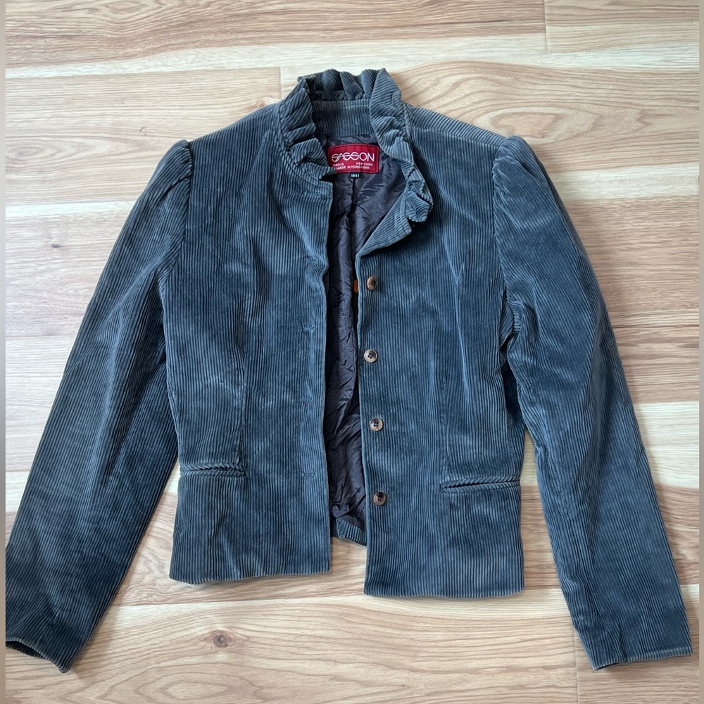Vintage Gray Sasson Corduroy Military Style Ruffle Jacket Blazer